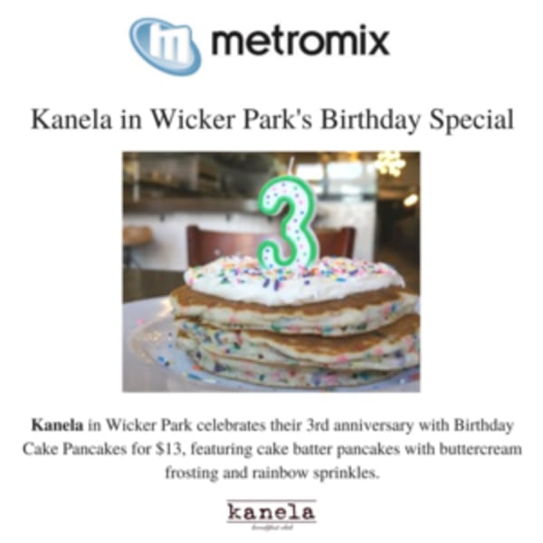 Stack of Kanela Breakfast Club's birthday cake pancakes with frosting, sprinkles, and a number 3 candle.