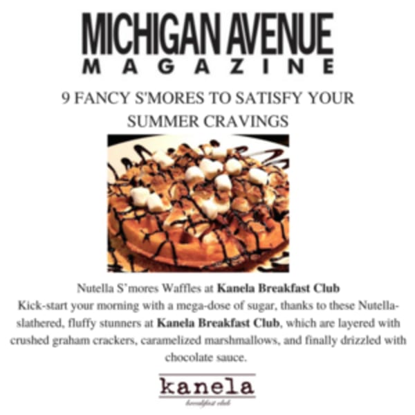 Nutella S'mores Waffles from Kanela Breakfast Club, topped with marshmallows, graham crackers, and chocolate drizzle.