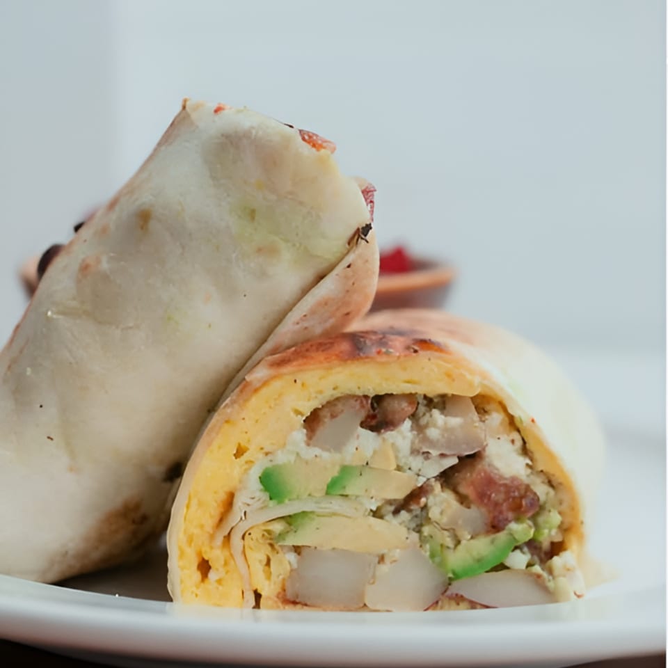A Kanela Breakfast Club burrito, cut in half, revealing eggs, avocado, potatoes, and bacon.