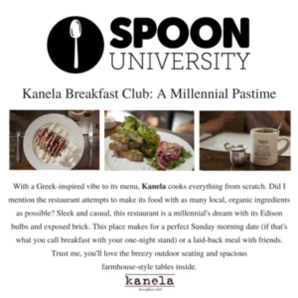 Three images: Kanela Breakfast Club's waffles with fruit, avocado toast, and coffee mug.