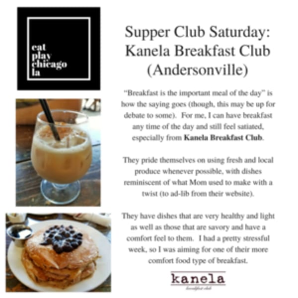 A glass of iced coffee and a stack of pancakes topped with blueberries and syrup from Kanela Breakfast Club.
