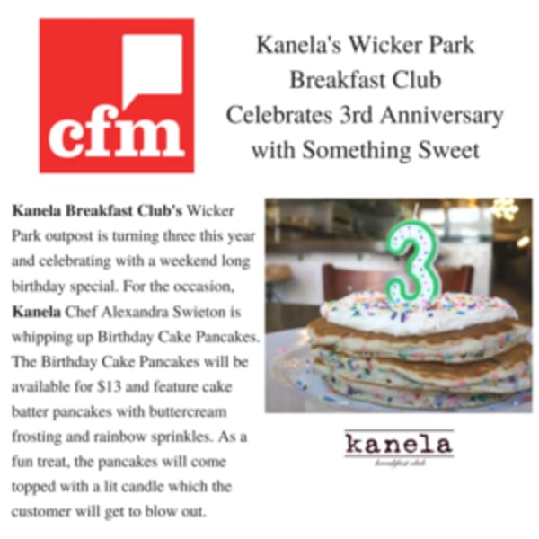 Stack of Kanela Breakfast Club's Birthday Cake Pancakes with frosting, sprinkles, and a number 3 candle.