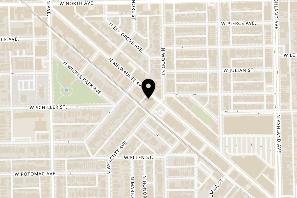 Map showing the location of Kanela Breakfast Club 1408 North Milwaukee Avenue on 1408 N Milwaukee Ave in Chicago